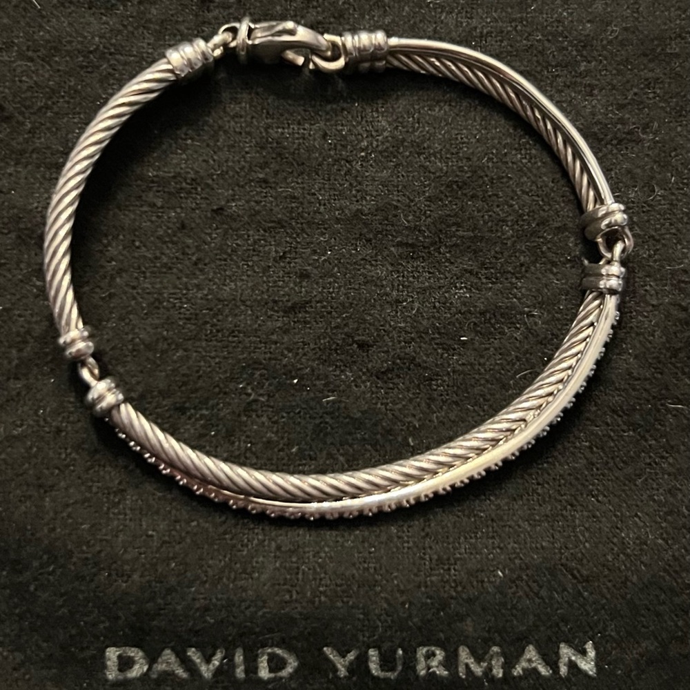 Authentic David Yurman Sterling Silver and Pave Diamond Crossover Bracelet